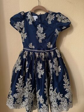 Chasing Fireflies Navy Blue and Gold Girl's Formal Party Dress Size 8